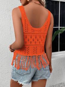 SHEIN VCAY Fringe Hem Dệt kim chấm bi Áo len vest - Màu Cam cháy - Xem 2