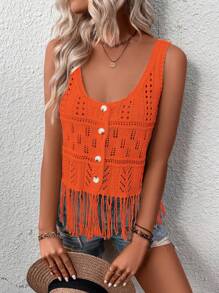 SHEIN VCAY Fringe Hem Dệt kim chấm bi Áo len vest - Màu Cam cháy - Xem 3