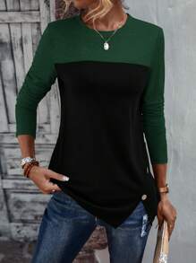 SHEIN LUNE 双色纽扣细节不对称下摆 T 恤图案 T 恤女式上衣 - 墨綠色 - 查看 6