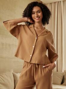 Ocili Leisure Drop Shoulder Button Front Lounge Top - Brown - View 5