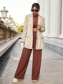 SHEIN Essnce Lapel Neck Pocket Patched Blazer - Beige - View 6