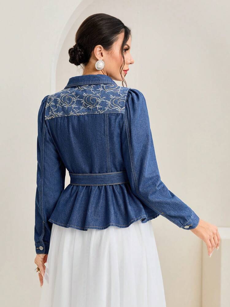 Embroidery Detail Belted Denim Blouse