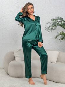 Contrast Piping Satin PJ Set / Pajama Set, Fall Clothes - Green - View 6
