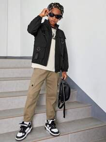 SHEIN Tween Boy Flap Pocket Zip Up Buckle Detail Padded Coat