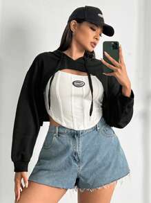 SHEIN EZwear 大码落肩抽绳超短款卫衣，无抹胸设计 - 黑色 - 查看 3