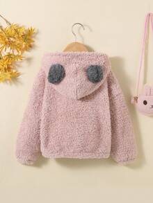 SHEIN 女小童3D耳朵設計連帽拉鍊毛絨夾克 - 粉色 - 查看 2