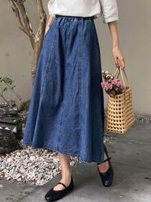 FRIFUL Solid Slit Side A-Line Denim Skirt - Dark Wash - View 6