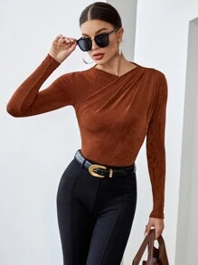 SHEIN Essnce 솔리드 셔링 티 - 러스트 브라운색 - 보기 6