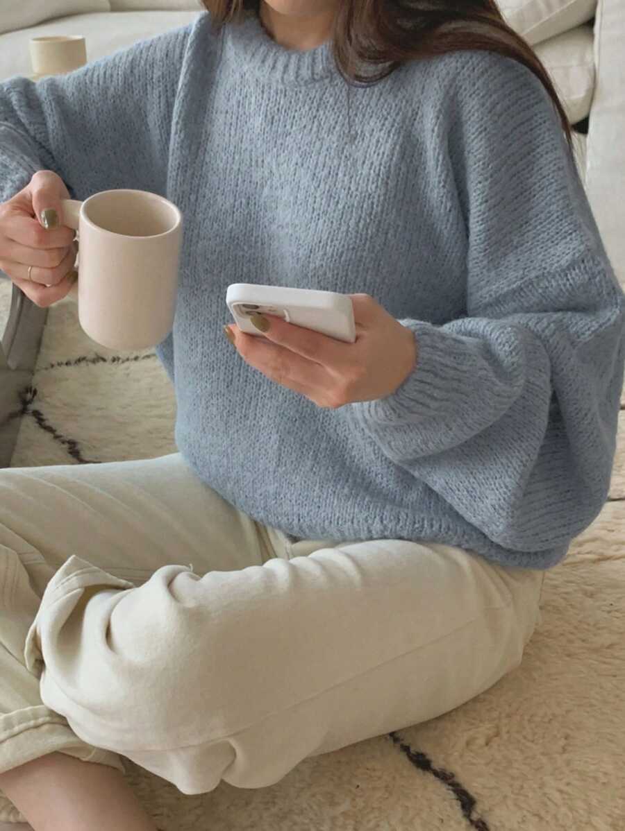 DAZY Suéter de hombros caídos de un solo color, blusas de manga larga, ropa de otoño - Azul - Ver 1