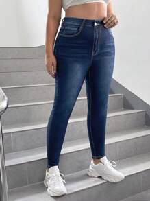SHEIN EZwear Hơn Cao eo Quần jean ôm - Màu xanh lam - Xem 3