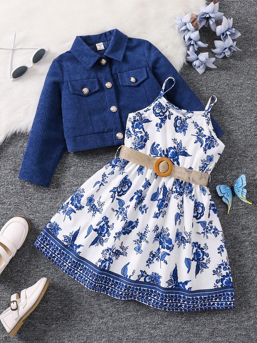SHEIN Bộ áo khoác và đầm họa tiết trang nhã dành cho cô gái trẻ, áo khoác được làm bằng vải họa tiết màu xanh trang nhã, và chiếc váy được trang trí bằng hoa màu xanh lam kết hợp với hoa văn họa tiết màu xanh lam, thời trang và độc đáo. Màu xanh hoàng gia độc đáo thể hiện hương vị thanh lịch và độc đáo. Bộ sản phẩm bao gồm một chiếc thắt lưng phù hợp để dễ dàng phối đồ và nâng cao phong cách thời trang tổng thể, thích hợp để mặc hàng ngày, du lịch, hoạt động ngoài trời, họp mặt gia đình, thích hợp cho mùa thu đông. - Nhiều màu - Xem 1