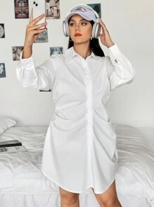 SHEIN EZwear Plus Ruched Button Front Shirt Dress - White - View 3