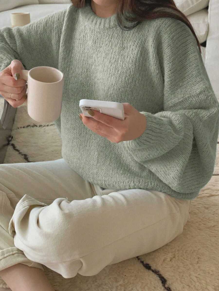 DAZY Suéter de hombros caídos sólido, ropa de otoño - Verde - Ver 1