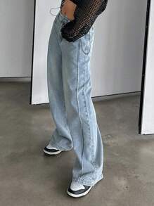 DAZY 素色闊腿牛仔褲 - 淺色水洗藍 - 查看 7