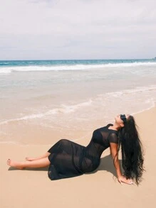 Swim Vcay 純色透明網紗罩衫洋裝（不含比基尼） - 黑色 - 查看 3