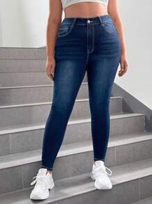 SHEIN EZwear Hơn Cao eo Quần jean ôm - Màu xanh lam - Xem 1