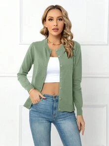 DEARCASE Solid Button Front Cardigan - Green - View 5