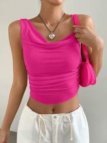 Muchica Blusa ajustada con cuello con volantes de unicolor para mujer en verano - Rosa Fucsia - Ver 5