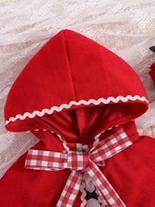 SHEIN 女嬰格紋印花連帽斗篷外套&網紗覆蓋洋裝 - 紅色 - 查看 6
