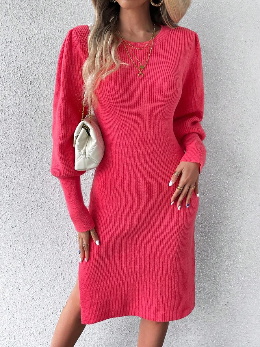 SHEIN Clasi 素色下擺開叉毛衣洋裝 - 玫紅色 - 查看 1