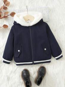 SHEIN Young Boy Thermal Lined Striped Trim Hooded Jacket - Navy Blue - View 4