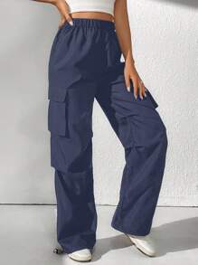 SHEIN Tall Chất rắn Eo đàn hồi Túi nắp bên cạnh Quần - Màu xanh hải quân - Xem 5