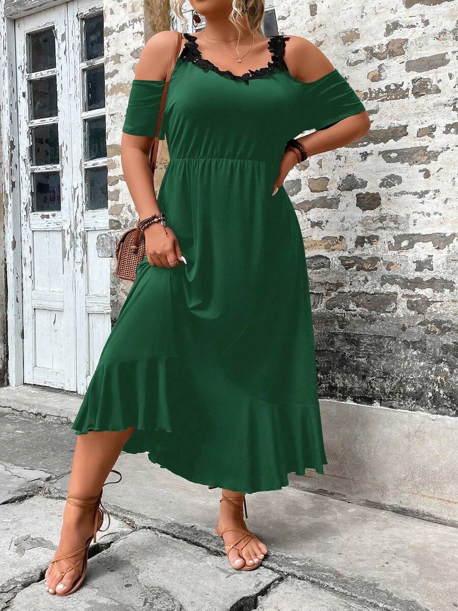 SHEIN LUNE 大碼蕾絲拼接挖肩荷葉邊洋裝 - 墨綠色 - 查看 1