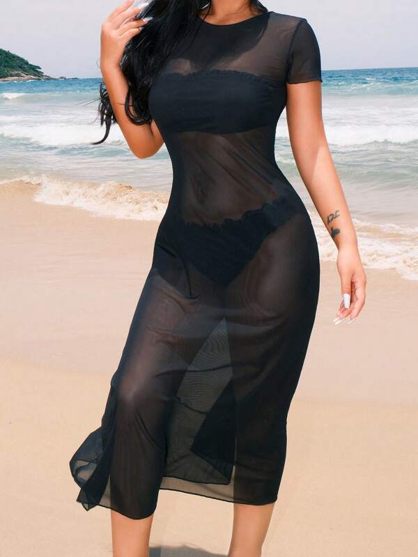 Swim Vcay Summer Beach Solid Sheer Mesh Cover Up Dress Without Bikini