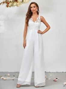 SHEIN Belle Bộ áo liền quần ống rộng ren ren guipure - trắng - Xem 2