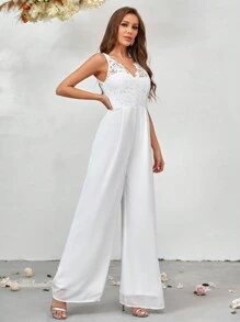 SHEIN Belle Bộ áo liền quần ống rộng ren ren guipure - trắng - Xem 4