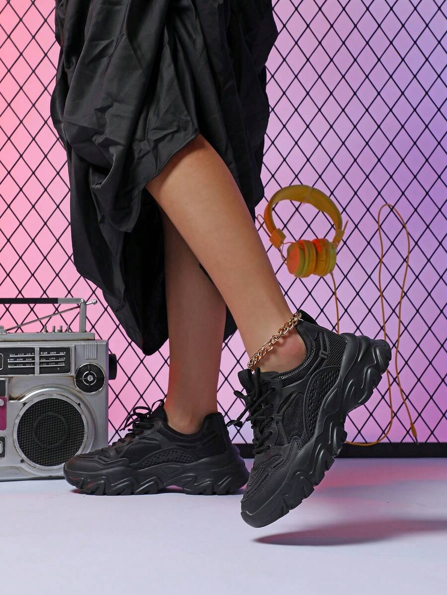 Black Chunky Shoes, Unisex Casual Sports Shoes - Black - View 1