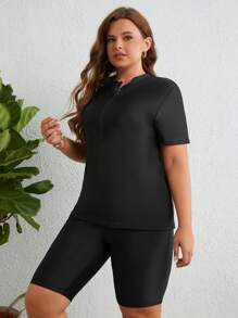 SHEIN Swim Curve Tankini con cremallera delantera y manga corta para tallas grandes - Negro - Ver 5