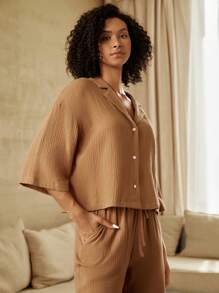 Ocili Leisure Drop Shoulder Button Front Lounge Top - Brown - View 6