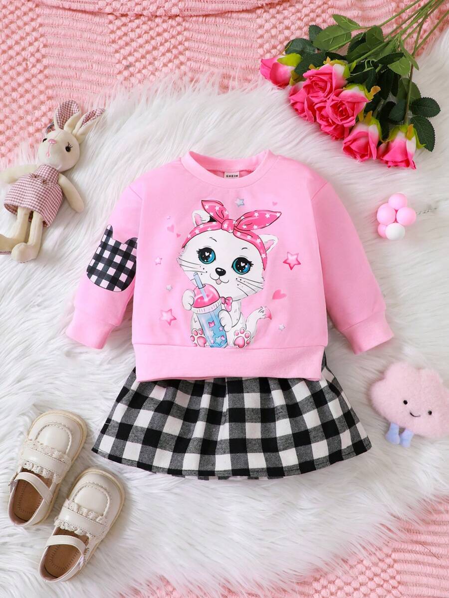 Baby Mädchen Cartoon Grafik, Sweatshirt mit & Gingham Muster, Rock mit