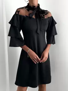 EURMUSE Contrast Mesh Tie Neck Ruffle Trim Dress - Black - View 4