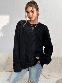 SHEIN Unity 素色落肩袖網眼針織套頭毛衣 - 黑色 - 查看 4