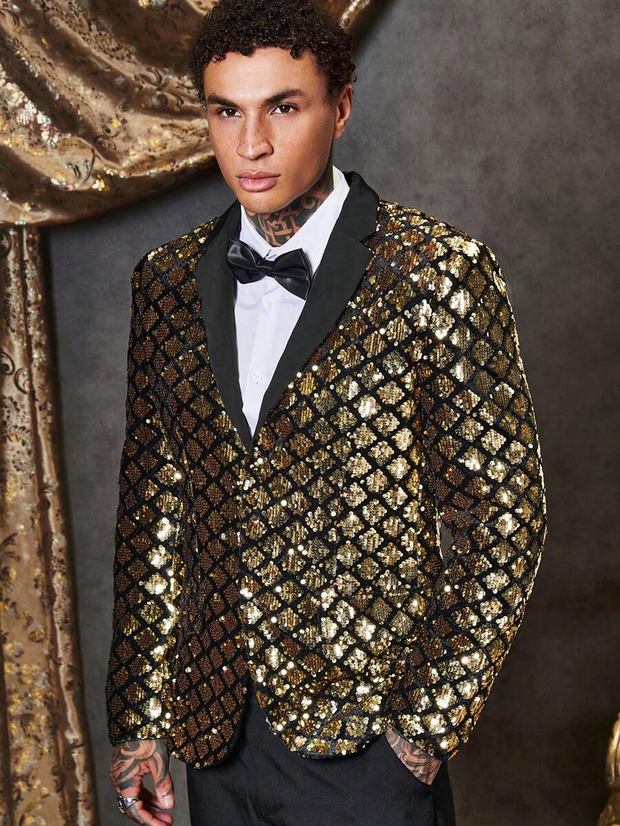 GENTILAND Men 1pc Gold Argyle Sequin Blazer - Multicolor - View 1