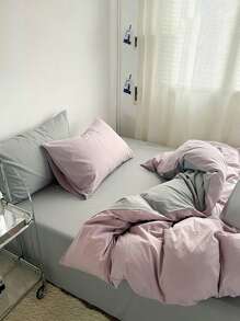 3pcs Pink & Gray Dormitory Bedding Set, Including 1pc Duvet Cover & 2pcs Pillowcases, Super Soft, Machine Washable, No Filling