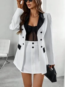 Chiquease Contrast Panel Double Breasted Blazer & Skirt - White - View 6