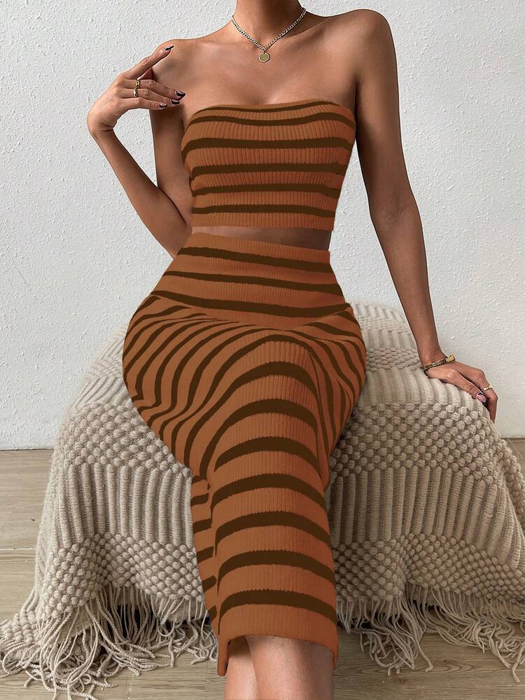 Striped Pattern Tube Knit Top & Knit Skirt