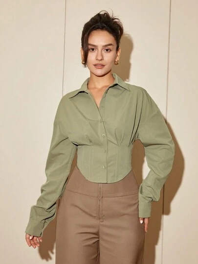 Women's Solid Color Long Sleeve Cinched Waist Elegant Blouse, Casual Cardigan Shirt, Spring/Autumn Outfits For Women, Business Casual, Eid Clothes