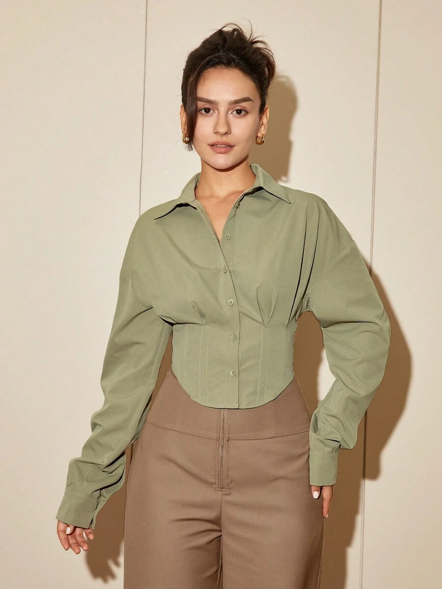 女士纯色长袖收腰优雅衬衫，休闲开衫，春秋季女装，商务休闲，开斋节服装 - 薄荷綠 - 查看 1