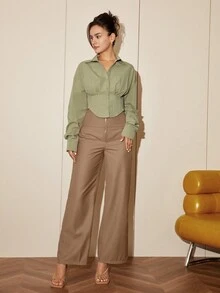 女士纯色长袖收腰优雅衬衫，休闲开衫，春秋季女装，商务休闲，开斋节服装 - 薄荷綠 - 查看 7