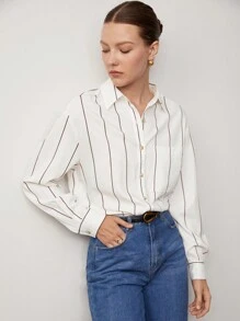 BizChic 女士条纹印花纽扣衬衫，白色长袖图案衬衫，宽松休闲上衣，适合都市通勤、商务休闲、夏季、情人节等场合，优雅女士上衣