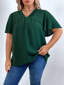 SHEIN LUNE Plus Butterfly Sleeve Button Detail Blouse - Dark Green - View 4