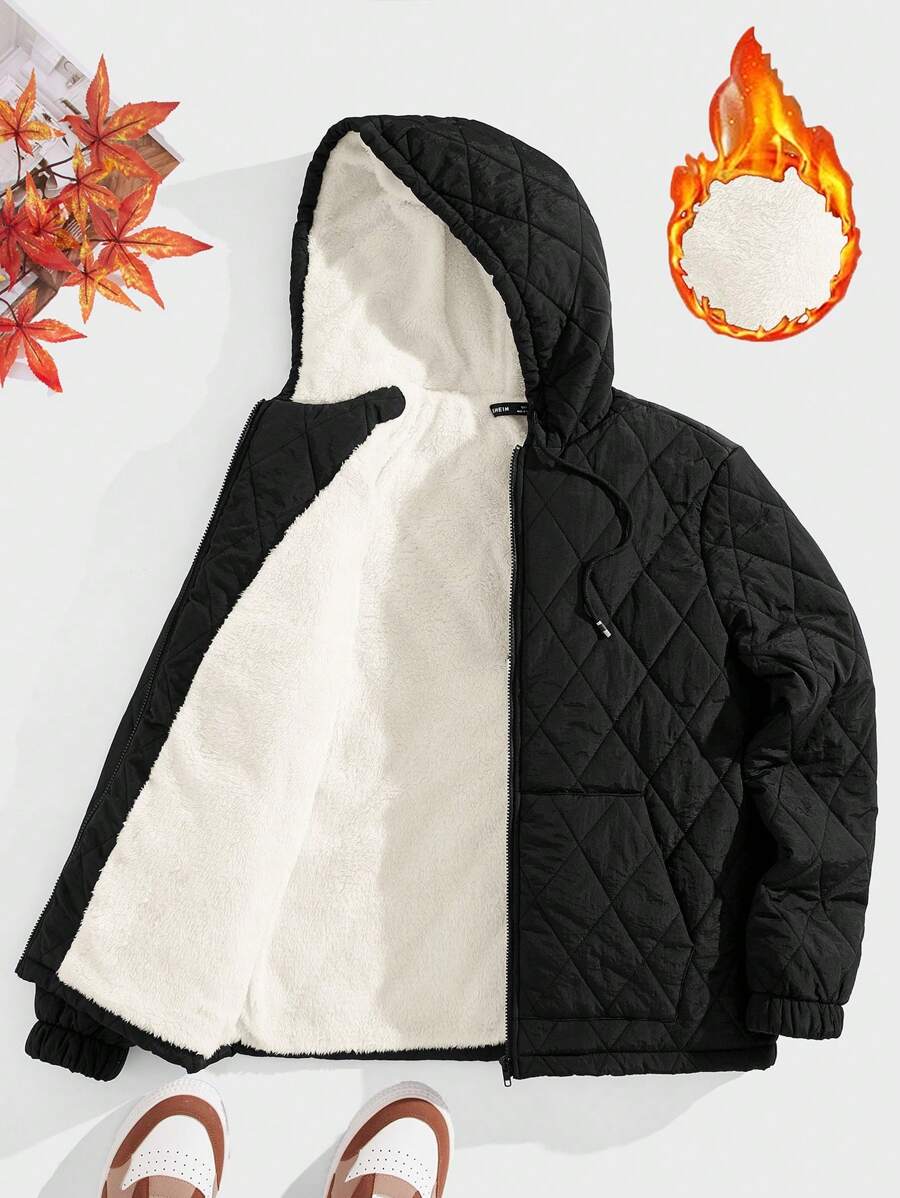 GENTILAND Men Thermal Lined Drawstring Hooded Quilted Padded Coat, For Fall Winter - Black - View 1