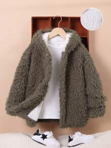 SHEIN Chico preadolescente Abrigo con parte delantera abierta con capucha de peluche