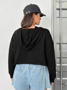 SHEIN EZwear 大码落肩抽绳超短款卫衣，无抹胸设计 - 黑色 - 查看 2