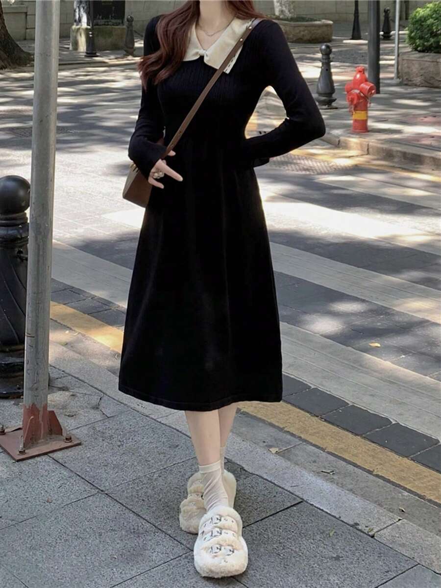 Contrast Collar Sweater Dress