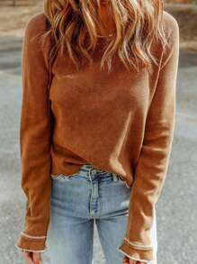 頂針插肩袖T恤 - 棕色 - 查看 2